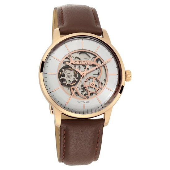 TITAN Automatic Watch with Silver White Dial  Brown Strap